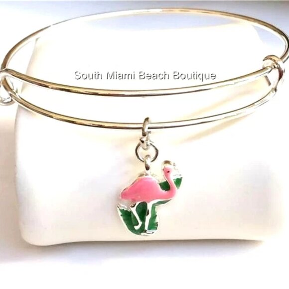 Silver Pink Flamingo Charm Bracelet Island Bird Tropical Beach Art Deco Plated - Picture 3 of 11